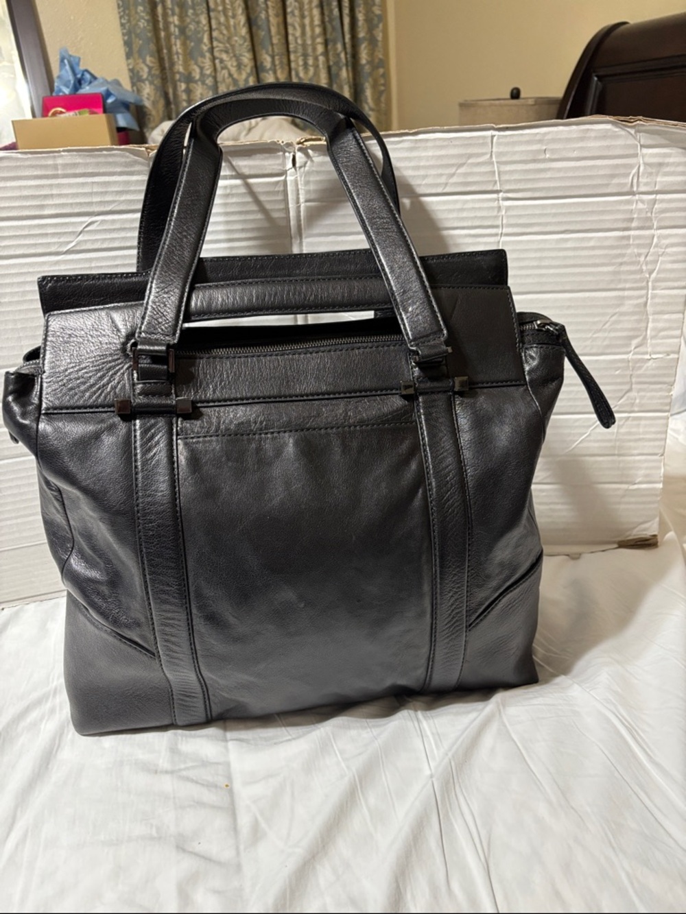 HUGO Black Leather Tote Briefcase. Unisex, full grain leather. EUC